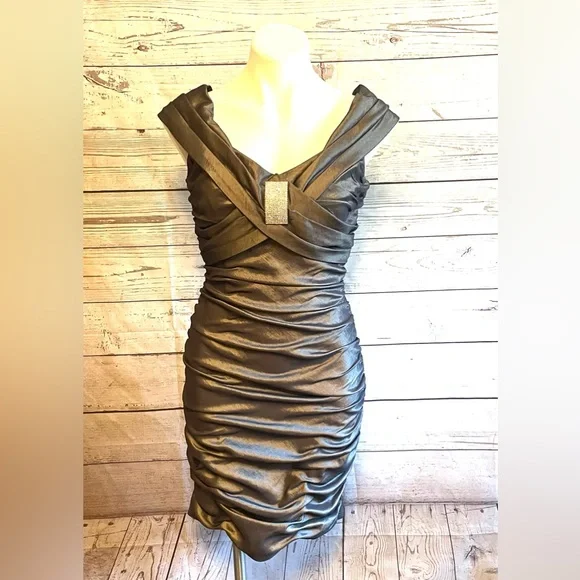 david's bridal taupe bridesmaid dress David's Bridal Gold Metallic Taupe Lace and Mesh Long Strapless Dress   Sonderleigh